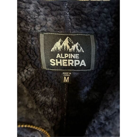 Alpine Sherpa Pullover Jacket Quarter Zip Navy Print Long Sleeve Fuzzy Medium (0 - Picture 4 of 9